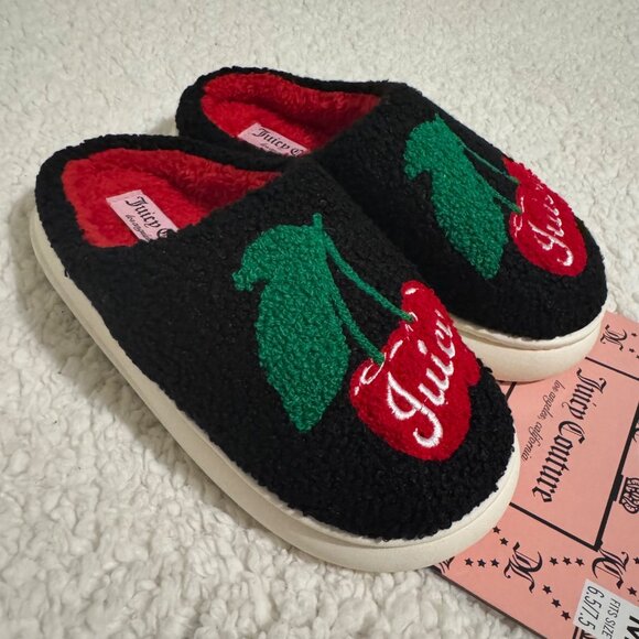 Juicy Couture Womens Cherry Embroidered Slippers sz medium black /red cozy new - Picture 8 of 9